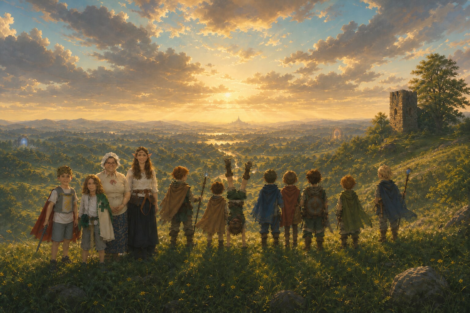 Cinematisches Fantasiebild: Kinder und zwei Frauen in Heldenkostümen auf einem Blumenhügel bei Sonnenuntergang, Blick ins Tal mit Burg, Fluss und magischen Portalen, rechts eine Turmruine