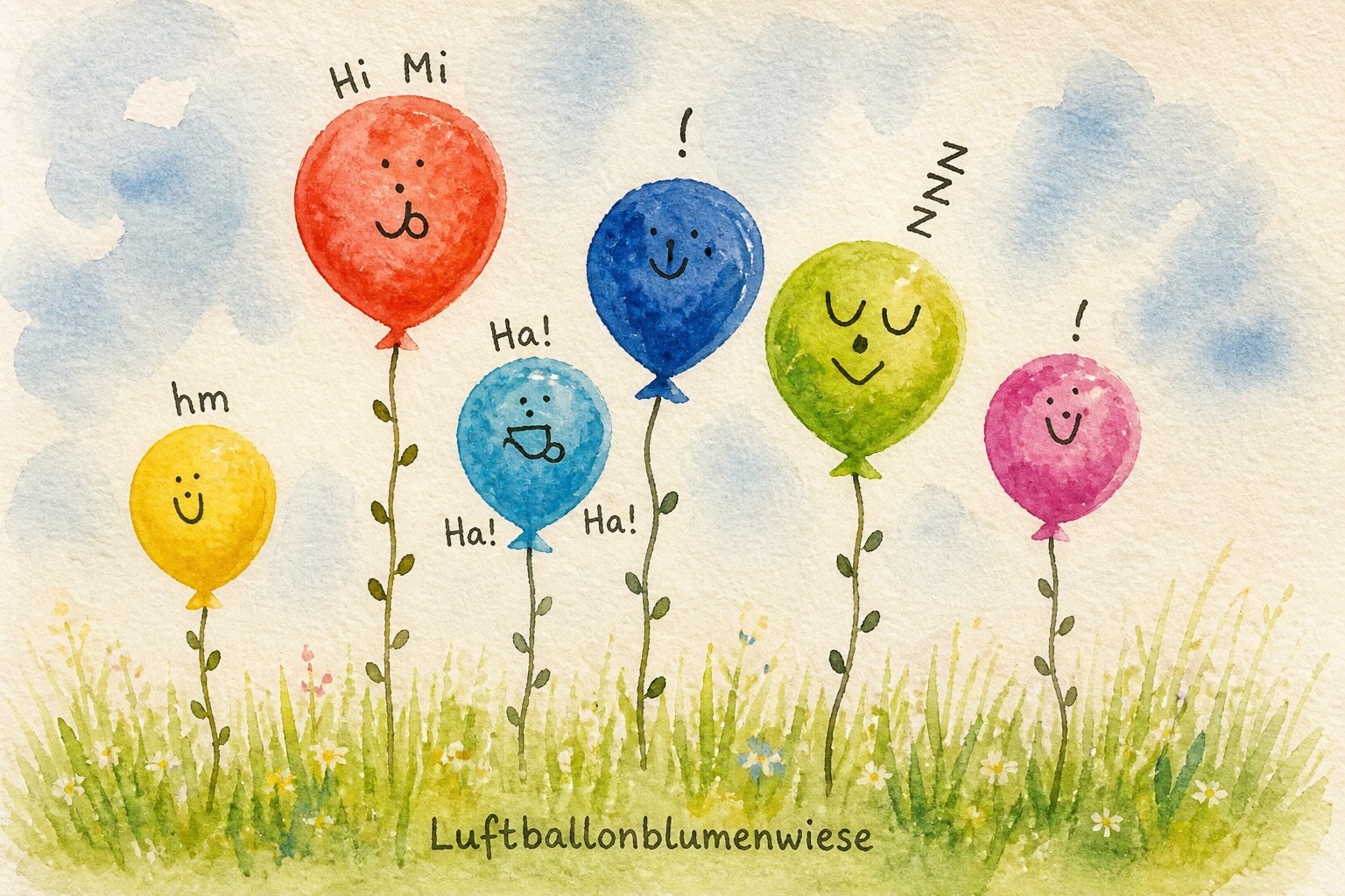 Aquarell einer Wiese mit sechs Ballonblumen in Gelb, Rot, Hellblau, Dunkelblau, Grün und Pink, jeweils mit Gesicht, auf welligen Stängeln im Gras