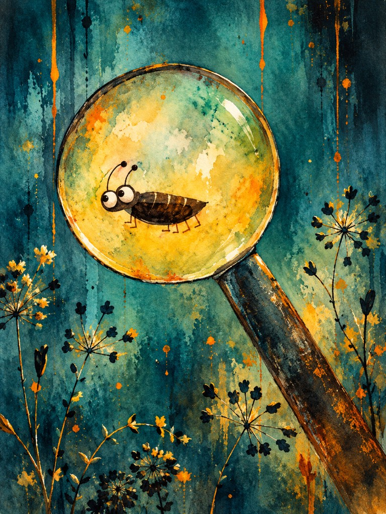 Aquarell: dunkler Käfer mit großen Augen unter einer Lupe, türkiser Grund mit goldenen Tropfen, wilde Doldenblüten am Rand