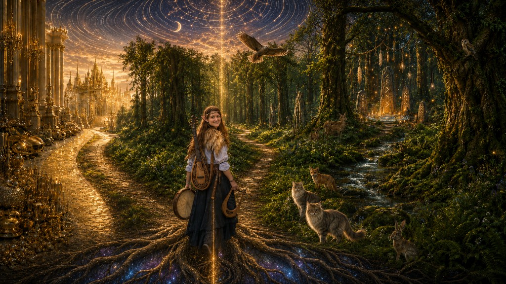 Cinematisches Fantasiebild: Elbin mit Laute, Rahmentrommel und Leier an einer Weggabelung, links goldene Stadt, rechts Zauberwald mit Tieren und Runensteinen, unter den Füßen kosmische Wurzeln, über ihr Sternbahnen